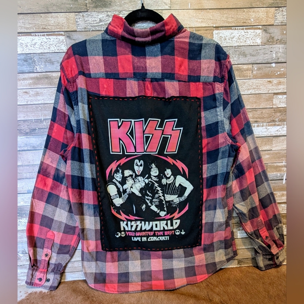 KISS Flannel Shirt with Graphic Back Upcycled Handcrafted